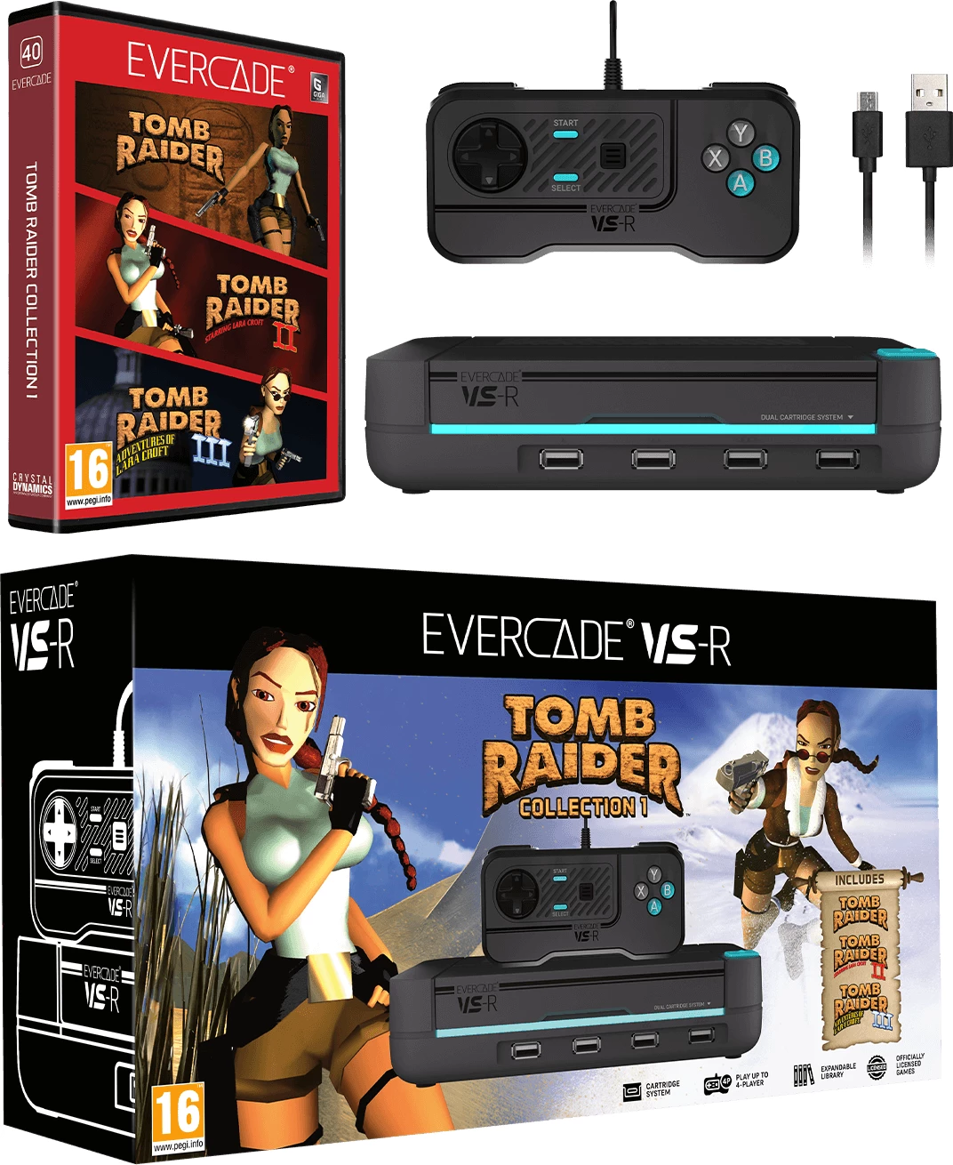 Konzolë lojërash Evercade VS-R 1080p HDMI, WiFi, 2 slota kasetash, me 1 kontrollor + kasetë Tomb Raider Collection 1, gri e errët