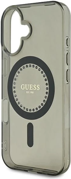 Mbështjellës Guess MagSafe për iPhone 16 Plus, i zi, me rhinestones