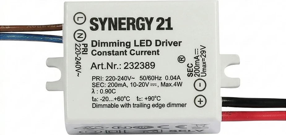 Driver për spot LED Synergy21 Helios, TRIAC dimmable, 200mA 10-20V 4W