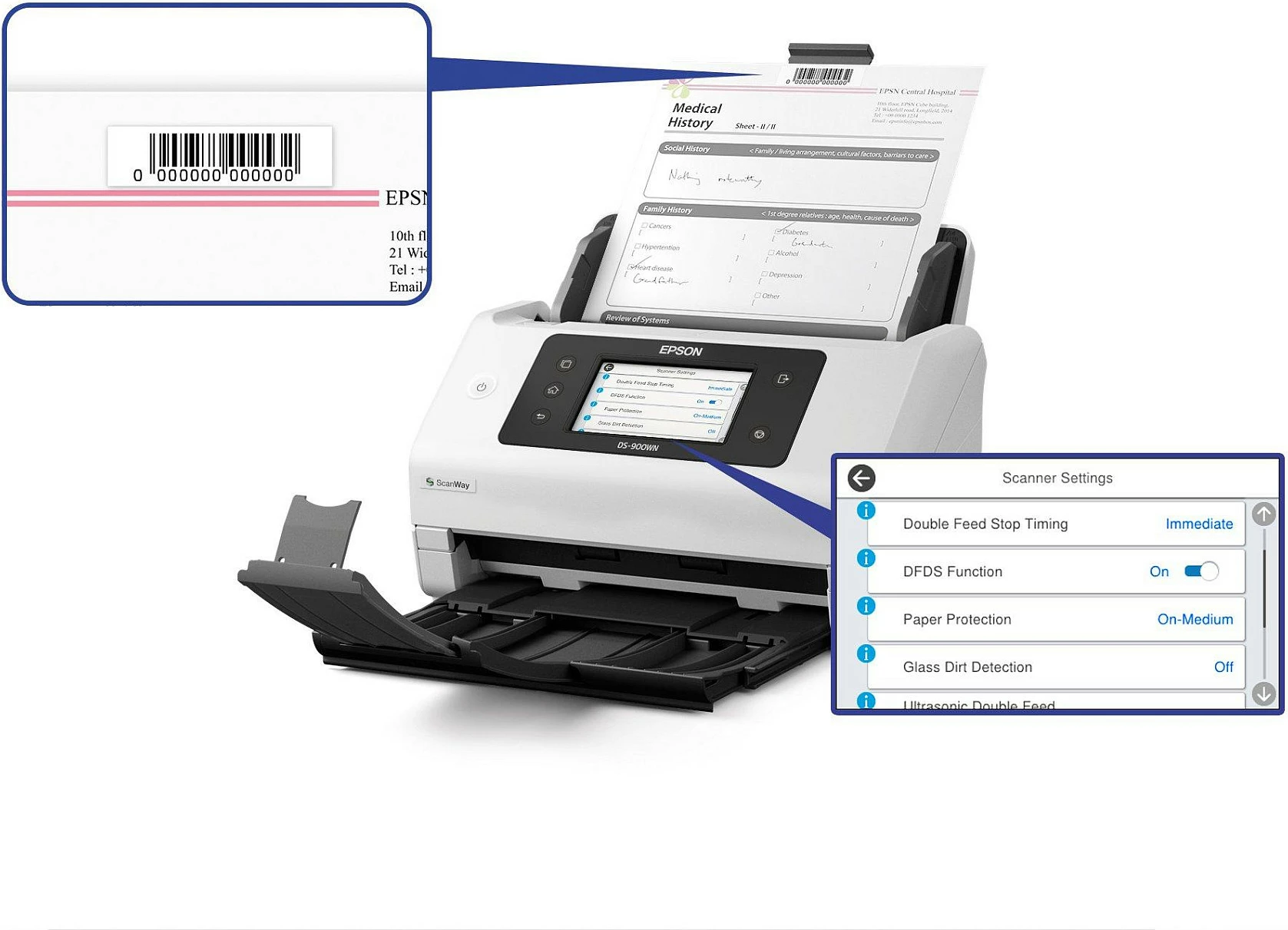 Skaner Epson WorkForce DS-900WN, A4/A3, ADF 100 fletë, Wi‑Fi/Ethernet, 70ppm/140ipm, bardhë