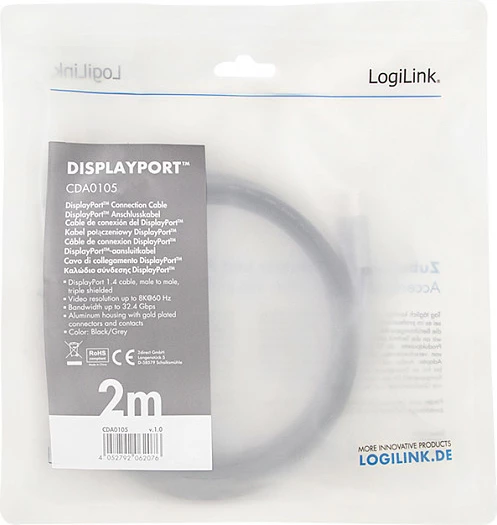 Kabllo DisplayPort LogiLink DP në DP, 2 m, 8K/60Hz, alumin, zi/hiri