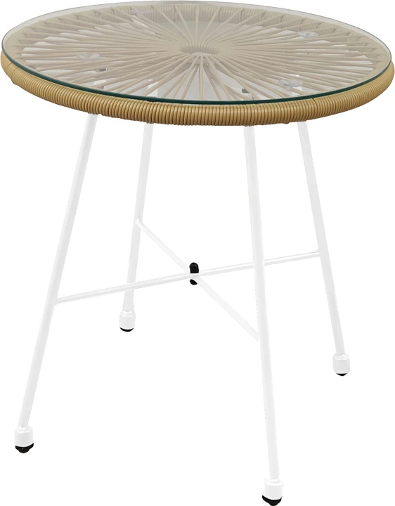 Tavolinë me karrige Acapulco II set prej 3 copash, metal i bardhë, ratan natyral, xham D50X50cm