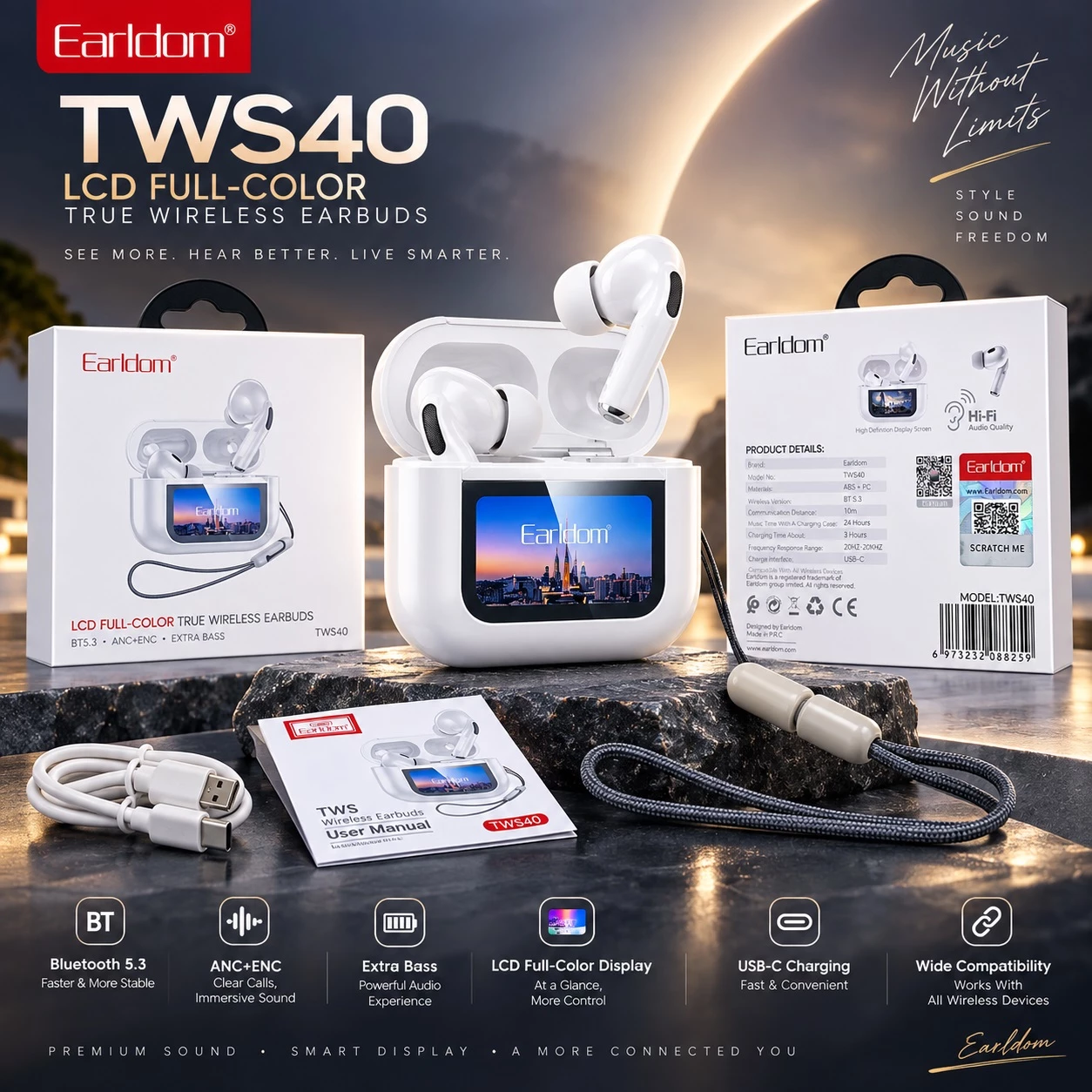 Kufje pa Kabllo Earldom TWS40 me Bluetooth 5.3 dhe Kuti me Ekran me Prekje