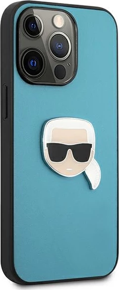 Mbështjellës Karl Lagerfeld KLHCP13XPKMB për iPhone 13 Pro Max 6.7\", hardcase lëkurë eko me emblemë metalike 3D, blu, me kuti