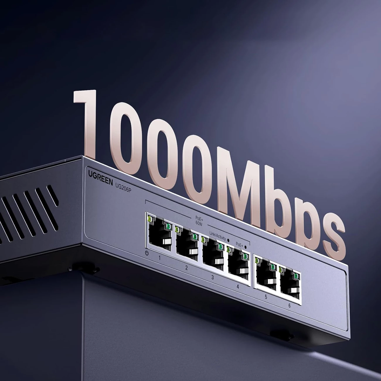 Switch Ugreen CM753 6-Port 1Gb/s me PoE+ (4x PoE+), 60W total, Gri, Në kuti