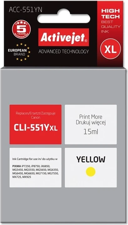 Ngjyrë zëvendësuese Activejet ACC-551YN për printer Canon, 15ml, e verdhë