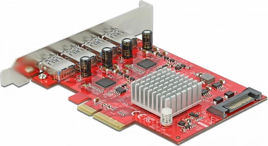 Kartë zgjerimi DeLOCK PCIe x4 në 4x USB-A USB 3.2 Gen 2 10Gbps, furnizim SATA, e kuqe