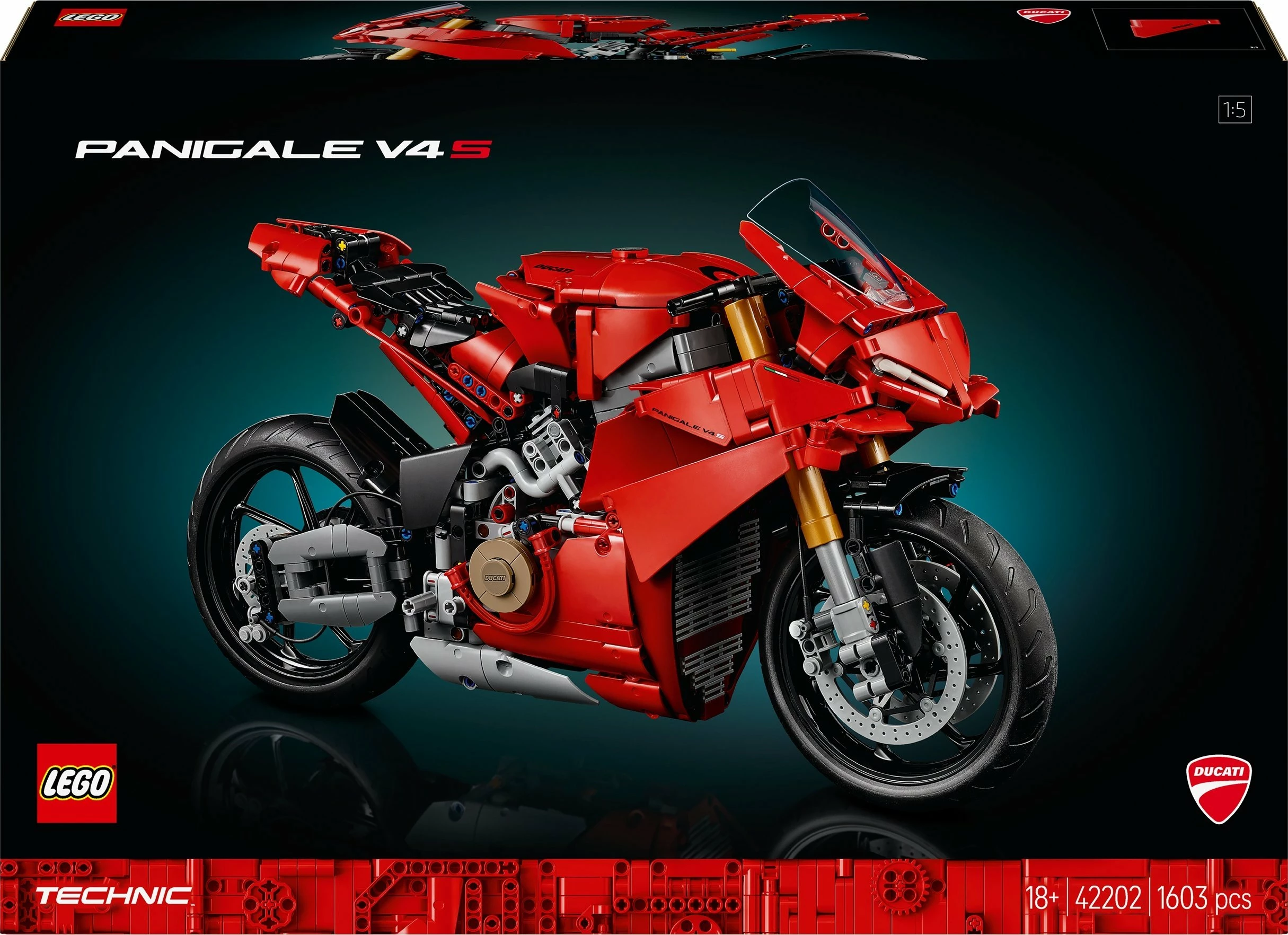 Set LEGO Technic motoçikletë Ducati Panigale V4 S 42202, 1603 pjesë, e kuqe