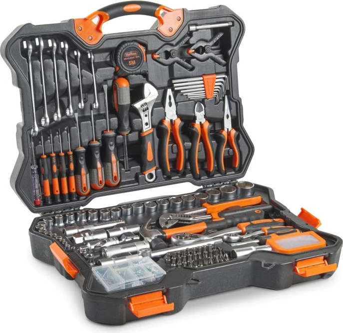 Set veglash dore VONHAUS 3515180 256-copë, me kuti plastike të fortë, zi/portokalli