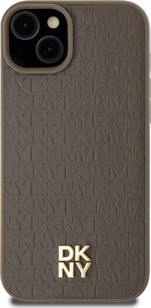 Mbështjellës DKNY Leather Pattern Metal Logo MagSafe për iPhone 15 Plus / 14 Plus, Kafe