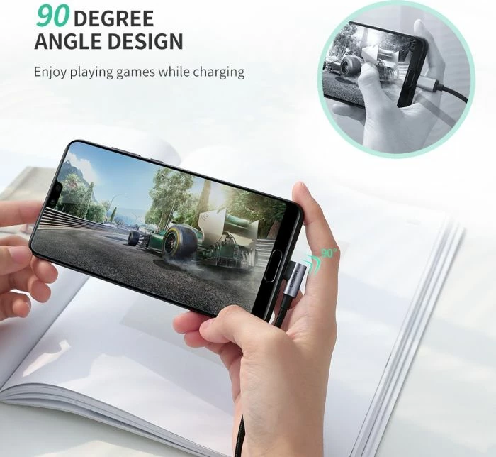 Kabllo USB-A 2.0 në USB-C me kënd UGREEN 50941 1 m, QC 3A, Polybag, e zezë/gri
