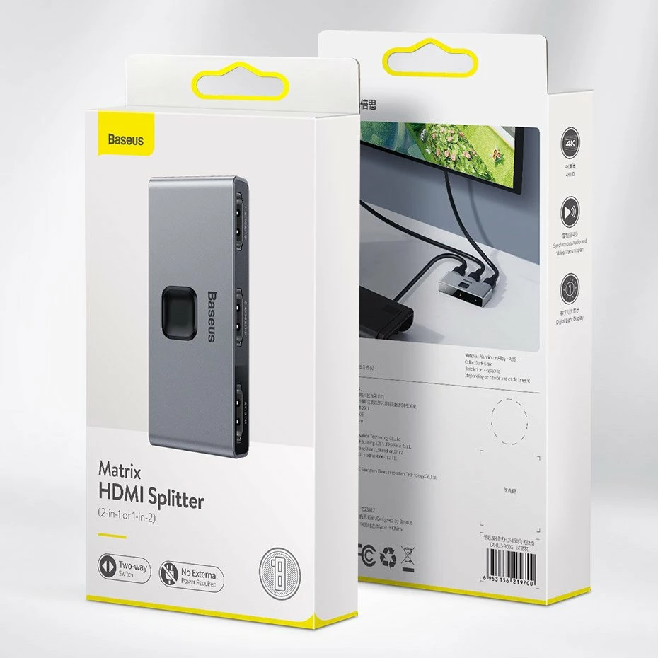 Switch HDMI Baseus CAHUB-BC0G, 2x HDMI, 4K/30Hz, Gri