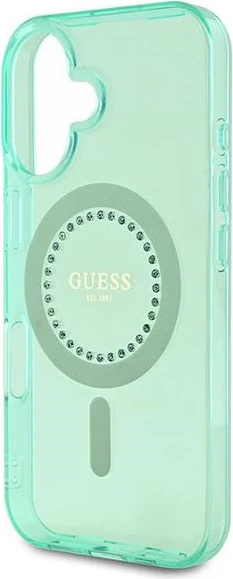 Mbështjellës Guess MagSafe për iPhone 16 Plus, i gjelbër, me rhinestones