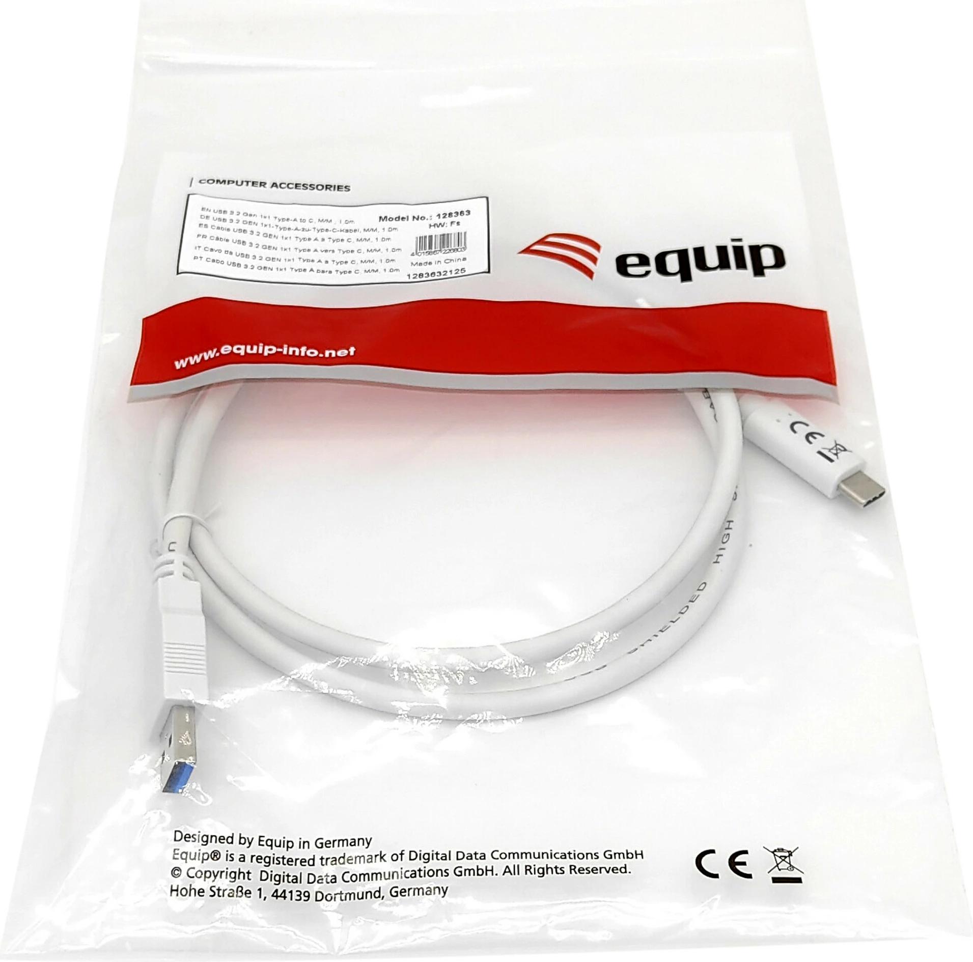 Kabëll USB Equip USB 3.2 Gen 1 Type-C në A, 1m, i bardhë