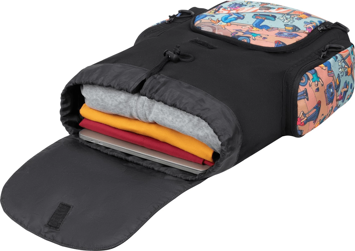 çantë shpine shkollore RIVACASE 5425 Agora 15L waterproof, print “Skaters”, e zezë
