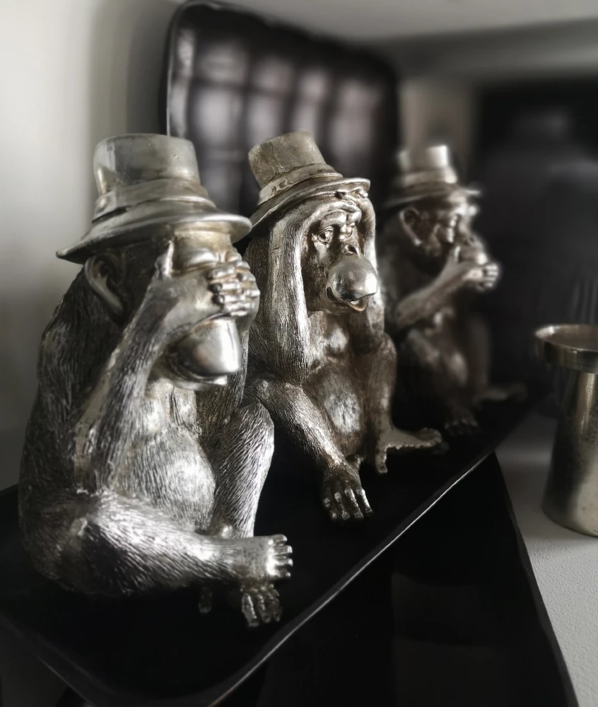 Set dekorativ majmunësh, 3 copë, ngjyrë argjendi, 14x13x22cm
