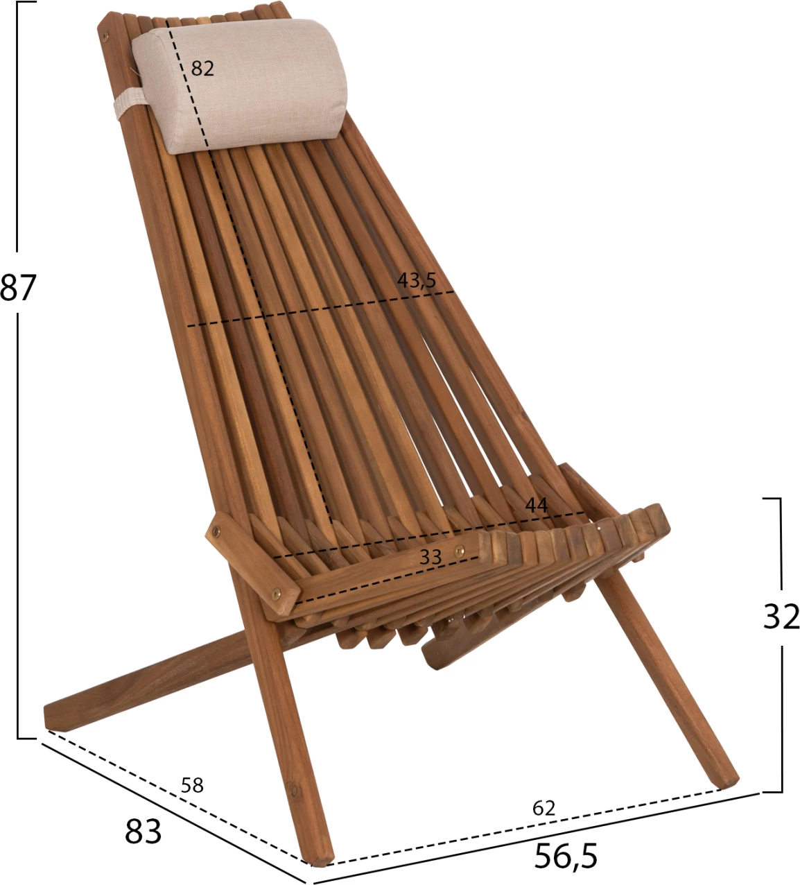 Karrige relaksuese e palosshme me jastëk për kokë SHIGAN FH6530, dru akacie, 88x59x82.5 cm