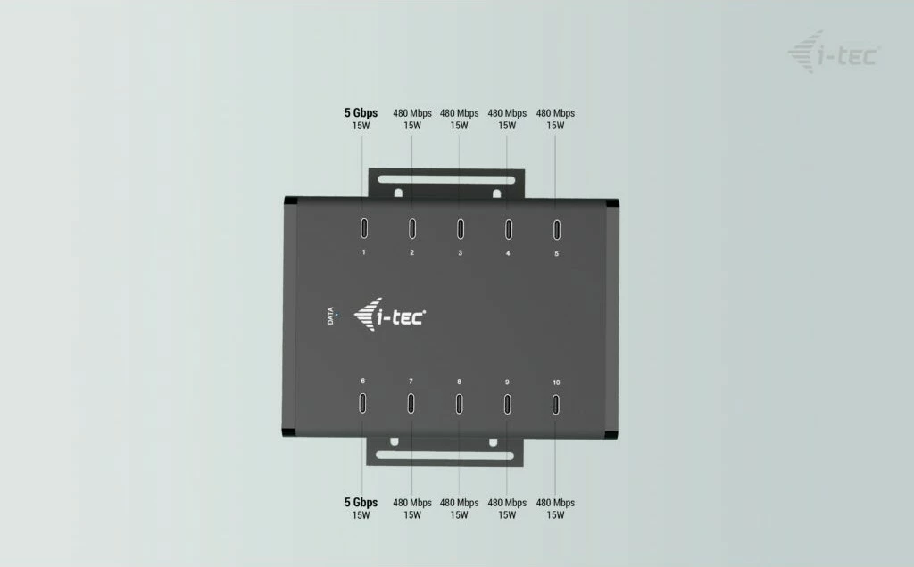 HUB USB-C I-Tec, 10 porta, 15W për portë, Plug & Play, i zi