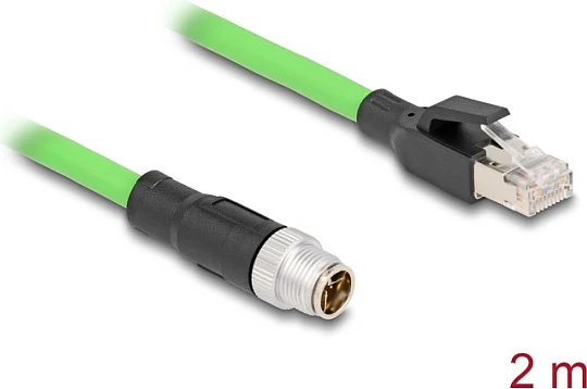 Kabllo industriale Ethernet DeLOCK M12 X-coded 8-pin mashkull në RJ45 mashkull, 2 m, PUR/TPU, e gjelbër