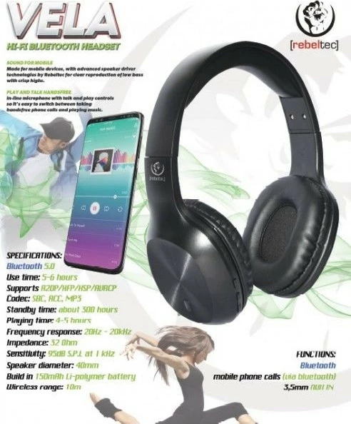 Kufje Bluetooth Rebeltec Vela, On-ear, të zeza