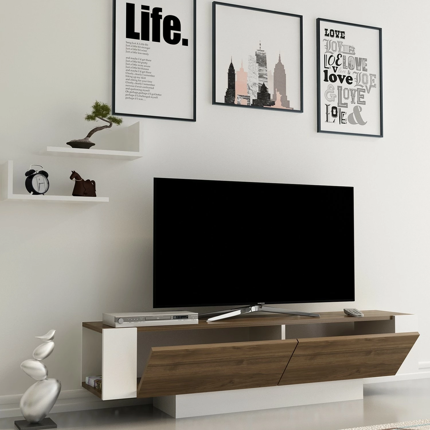 Komodë TV Hanah Home, matera, ngjyrë arre dhe e bardhë