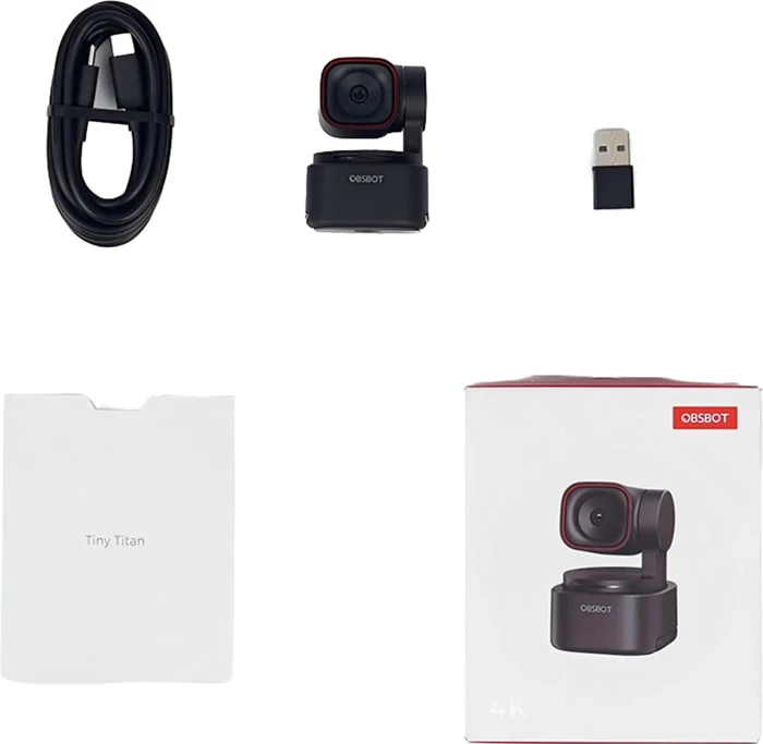 Webcam OBSBOT Tiny 3 Lite 4K 30fps / 1080p 120fps, AI tracking, 3 mikrofonë, zezë (set me kabllo USB-C dhe adapter USB-A)