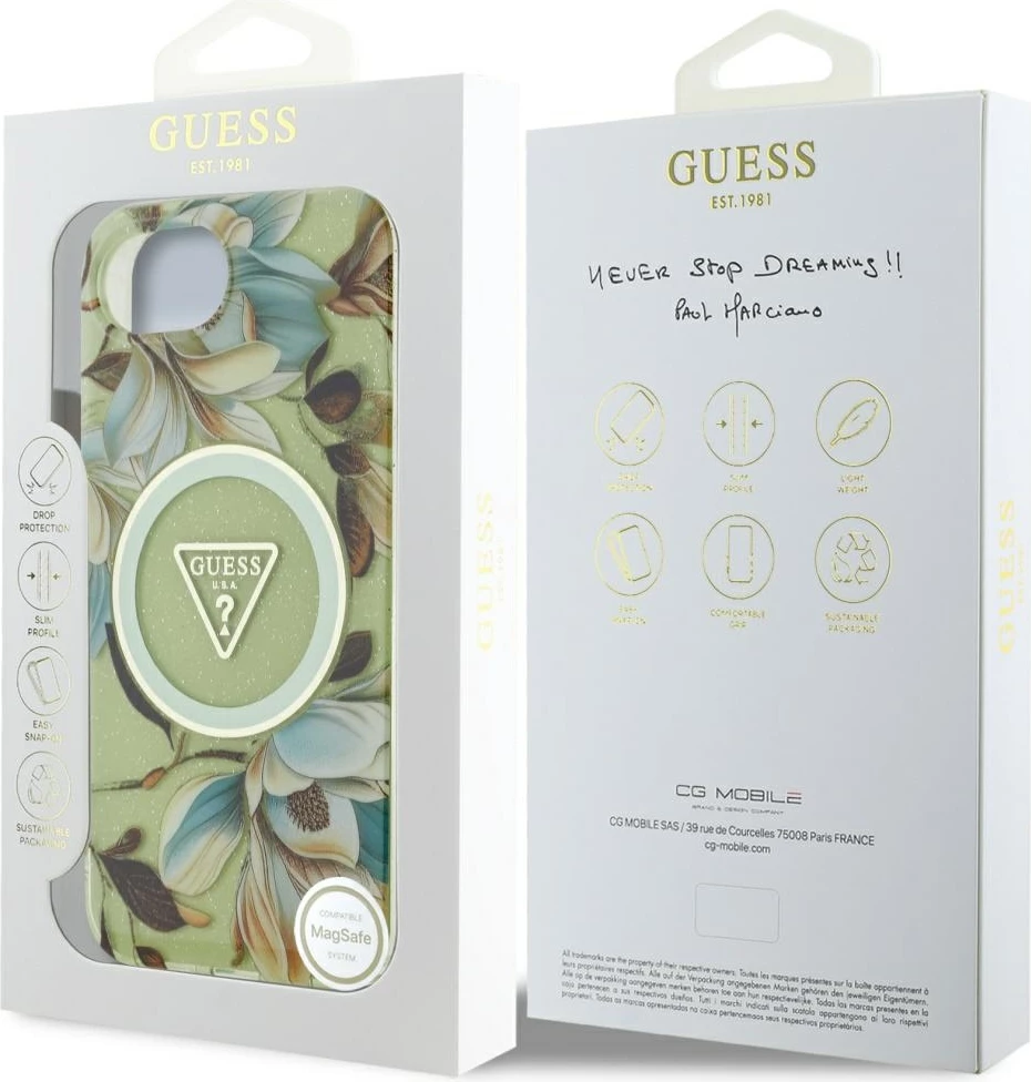 Mbështjellës Guess IML Metal Glitter Flowers Triangle MagSafe për iPhone 16e, Gjelbër