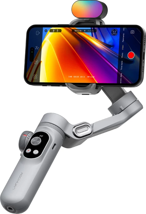 Stabilizator (gimbal) për celular AOCHUAN Smart X Pro, 3-aks, karikim wireless, dritë RGB, OLED, bateri 3200mAh, me tripod + kabllo USB-C, Gri