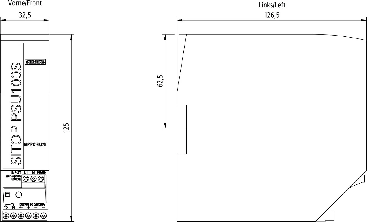 Furnizues rryme Siemens SITOP PSU100S 6EP1332-2BA20, 24V 2.5A 60W, hyrje 120/230VAC, gri