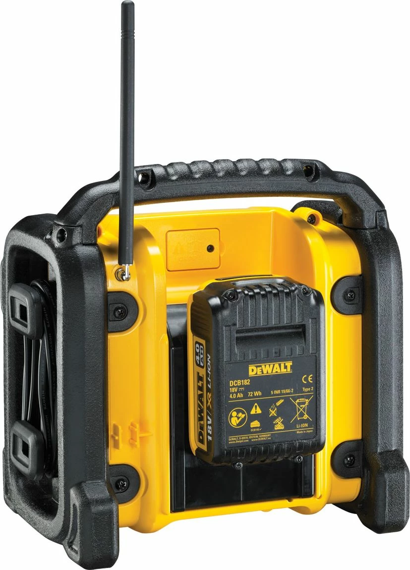 Radio ndërtimi DeWalt DCR019, FM, AUX 3.5 mm, 10.8–18 V, bateri/rrymë, verdhë/zi, pa bateri
