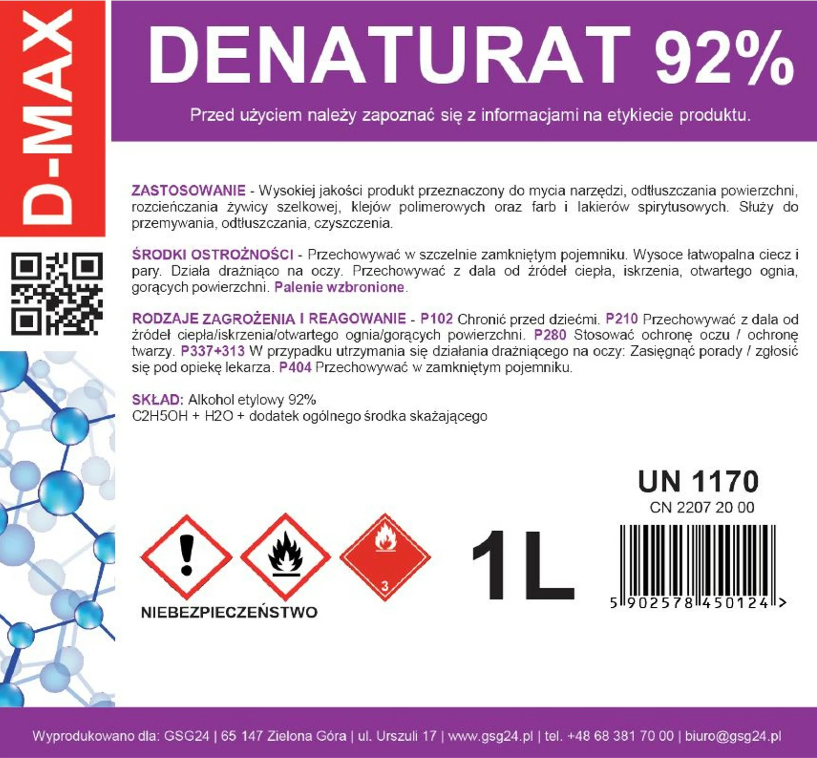 Alkool i denatyruar GSG24 D-MAX 1L, 92%