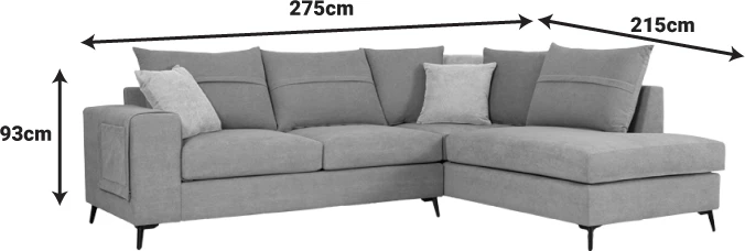 Kënd divani Montana, ngjyrë gri, jastëkë gri të çelët, 275x215x93cm