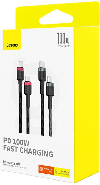 Kabllo USB-C në USB-C Baseus Cafule, 2m, 100W, set prej 2 copë, kuqe-e zezë dhe gri-e zezë