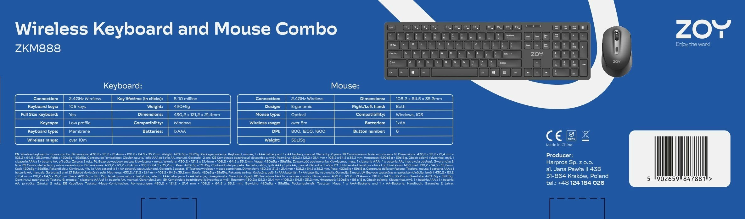 Set tastierë + Maus wireless ZOY ZKM888 2.4GHz, layout US, 106 taste, Plug & Play, i zi