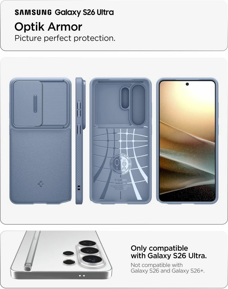 Mbështjellës Spigen Optik Armor për Samsung Galaxy S26 Ultra, me mbulesë rrëshqitëse për kamerë, Blu, 1 copë