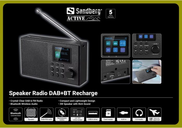 Radio me altoparlant SANDBERG Speaker Radio DAB+BT Recharge 421-39, bateri 2000 mAh, ekran TFT 2.0", Bluetooth 5.3, e zezë