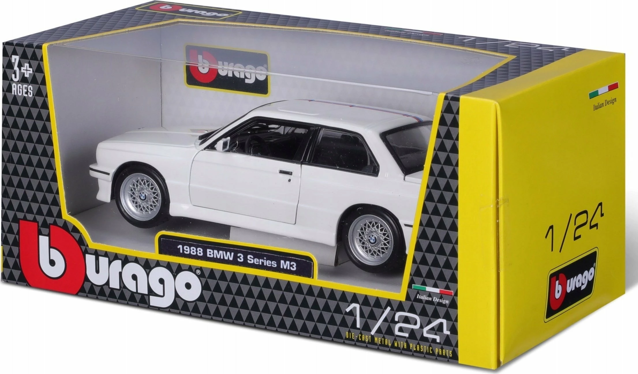 Model makine Bburago BMW 3 Series M3 1988 (E30) 1:24, metal, dyer të lëvizshme, 18.5 cm, e bardhë
