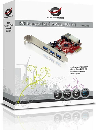 Kartë zgjerimi PCIe1x Conceptronic, 3x USB-A jashtë + 1x USB-A brenda, 5Gbps, kuqe/argjendtë