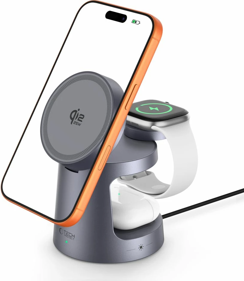 Karikues pa kabllo magnetik 3n1 Tech-Protect QI2.2-25W-A48, MagSafe 25W + Qi/Qi2, për telefon/Apple Watch/TWS, blu navy, me kabllo USB-C në USB-C 1 m