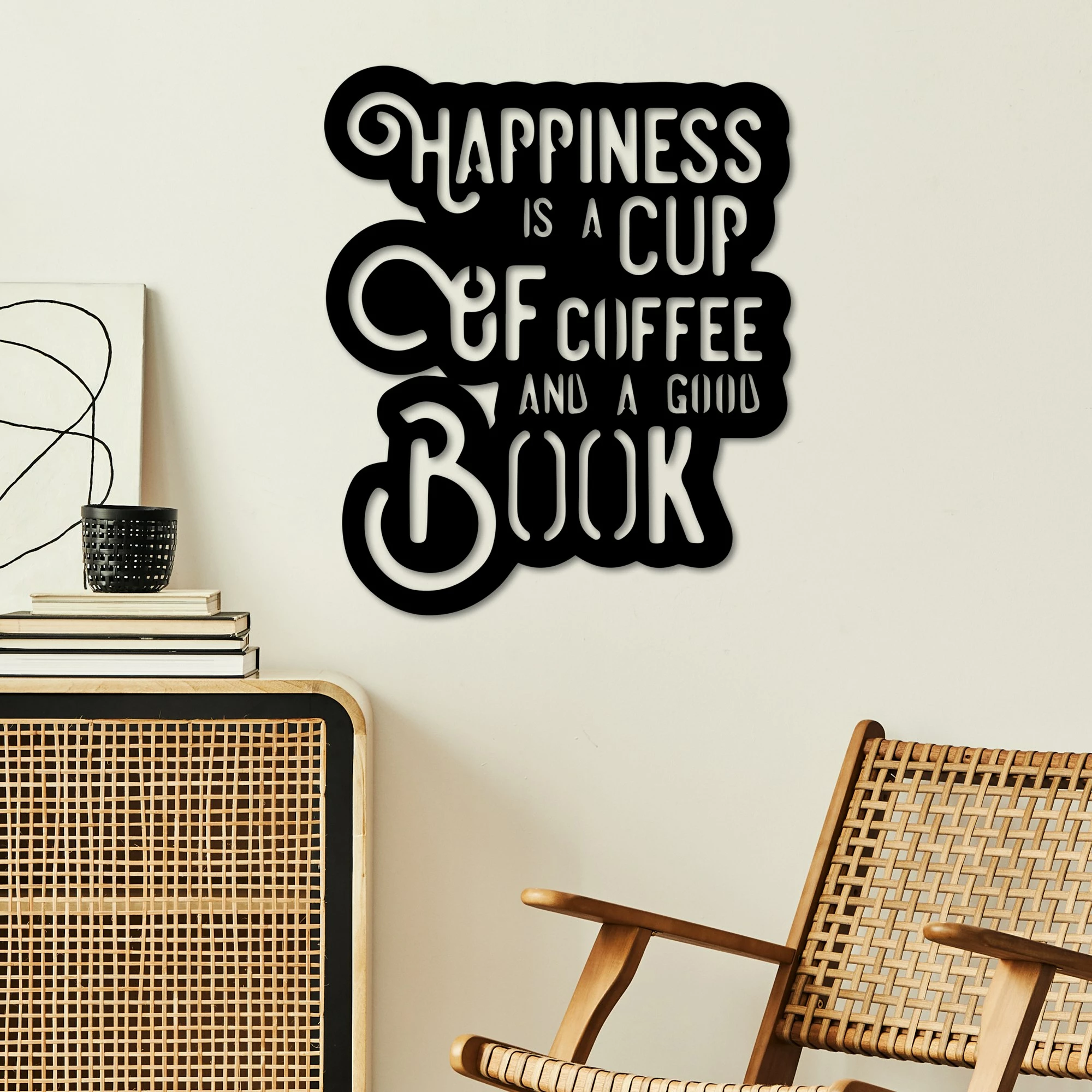 Aksesor dekorativ metalik për mur Wallity, Happiness Coffee, ngjyrë e zezë