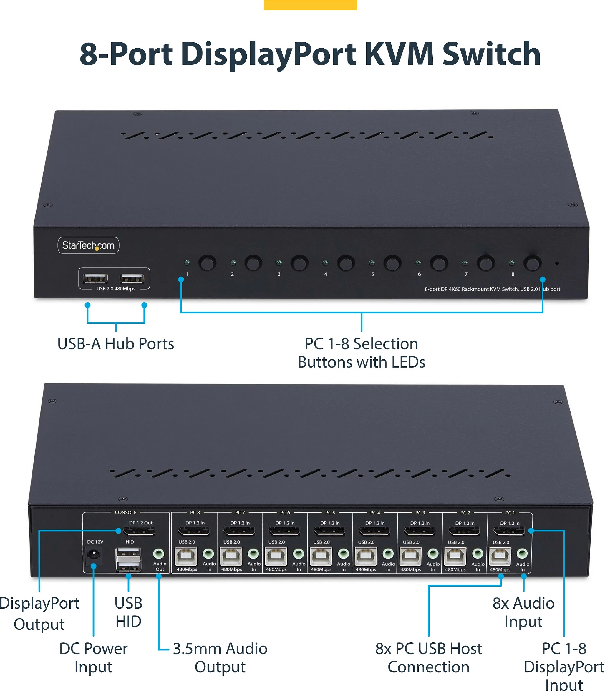 Switch KVM DisplayPort StarTech 8-Port, DP 1.2, 4K 60Hz, 1U Rack, i zi