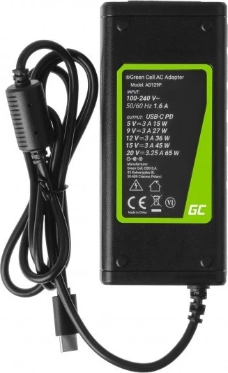 Karikues për laptop Green Cell AD134P, USB-C charger AC, 65W, i zi