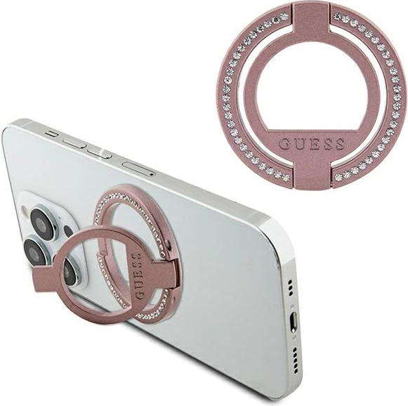 Mbajtëse unazë MagSafe, Guess, GUE002943-0 (GUMRSALDGP), me gurë rhinestone, metal, rozë