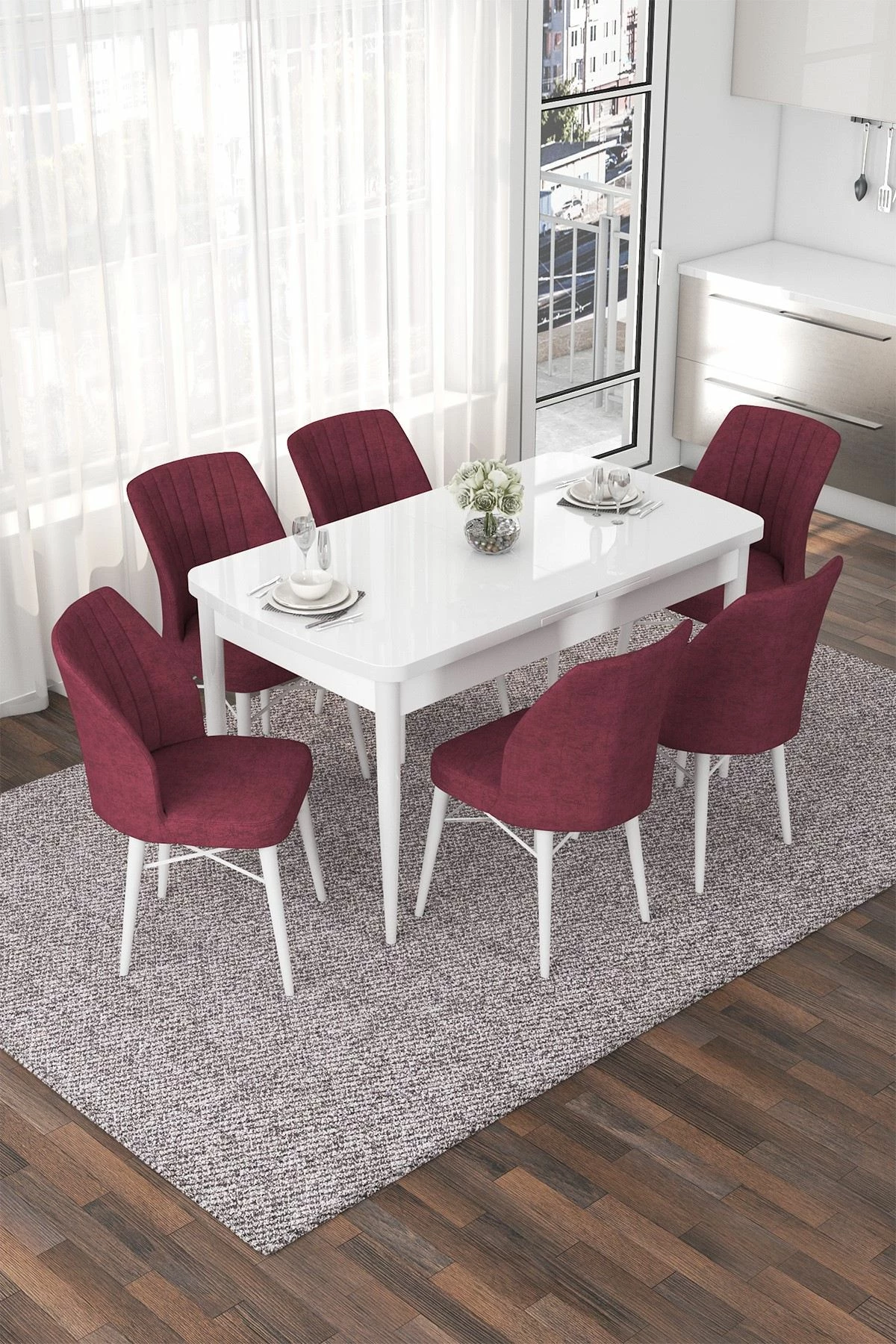 Set tavoline me karrige për ngrënie, e zgjatshme, 7 pjesë, Skye Decor, e bardhë dhe burgundy