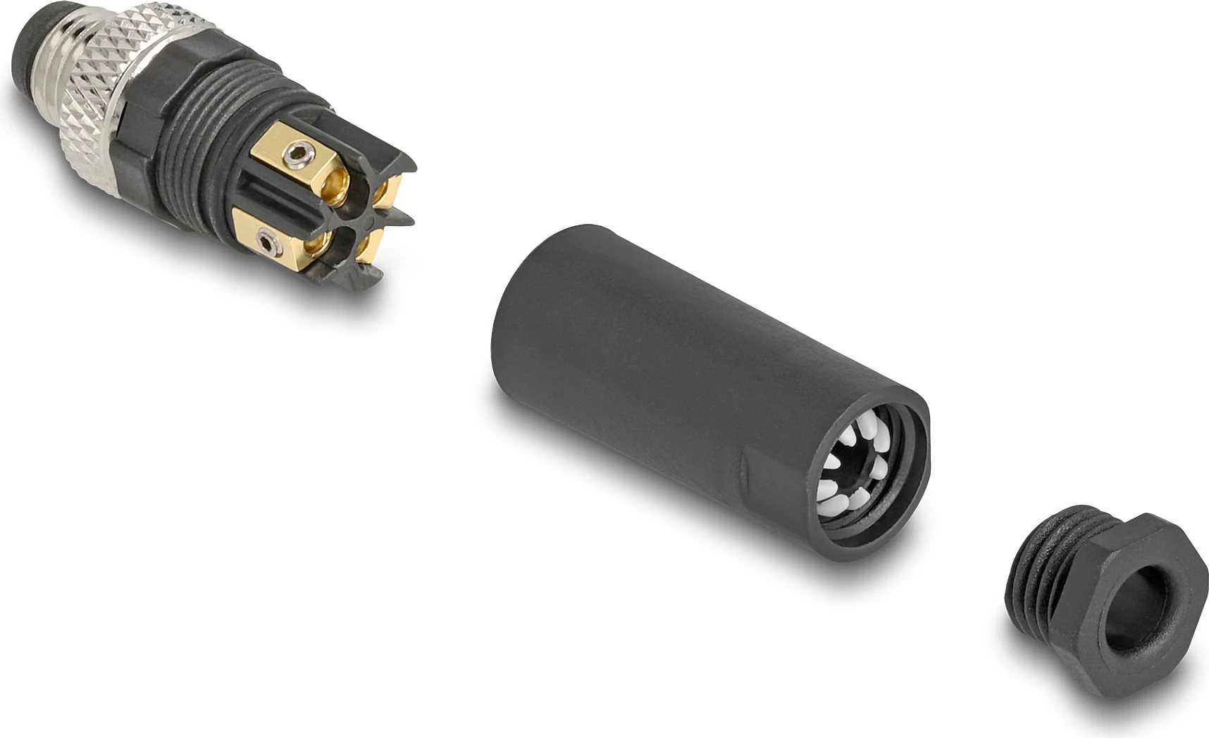 Konektor DeLOCK M8 A-coded 4-pin mashkull, lidhje me vida, IP67, i zi