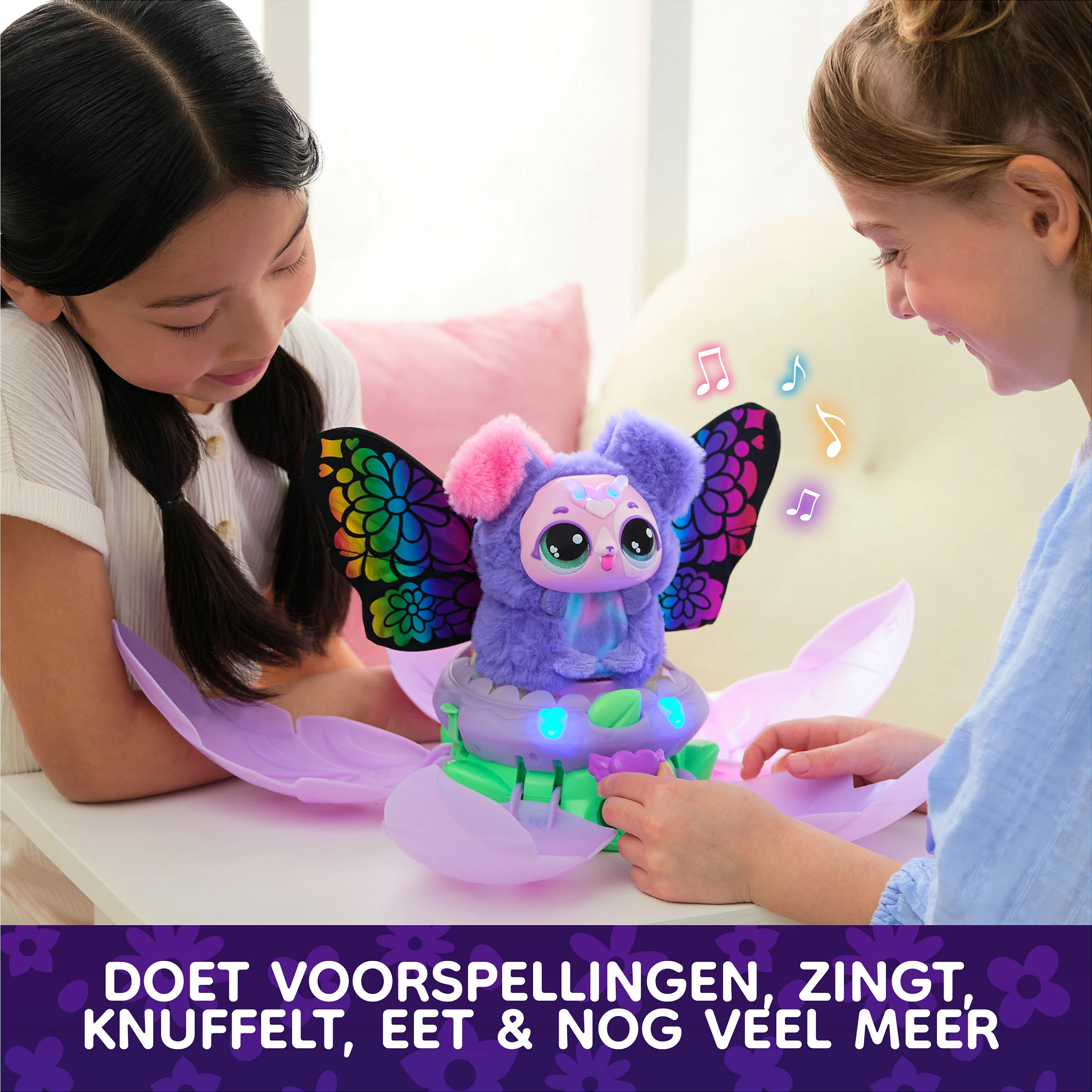 Lodër interaktive SPIN MASTER Hatchimals Bloomables Puppyfly Surprise, 100+ tinguj/reaksione, me drita, 3x AA, shumëngjyrësh