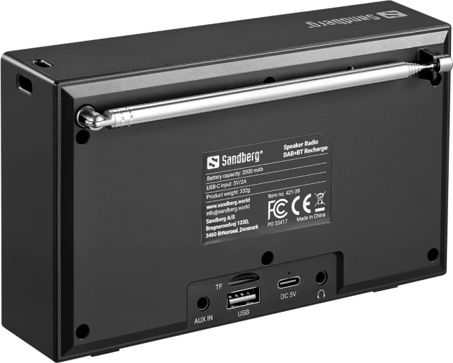 Radio me altoparlant SANDBERG Speaker Radio DAB+BT Recharge 421-39, bateri 2000 mAh, ekran TFT 2.0", Bluetooth 5.3, e zezë