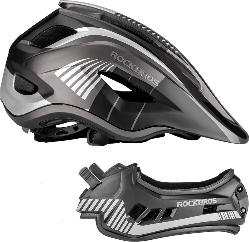 Helmetë biçiklete për fëmijë, Rockbros TT-32SBTG-S, full-face me mjekër të heqshme, rregullim 360°, S (48-54 cm), gri/zezë