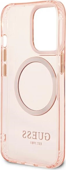 Mbështjellës Guess Gold Outline Translucent MagSafe për iPhone 13 Pro Max, rozë