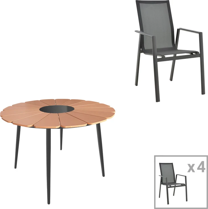 Set tavoline me karrige për terasë, Pinap-Dashiell, alumin i zi, sipërfaqe tavoline natyrale, 5 copë, Φ110x74cm